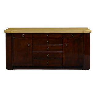 Paul Frankl for Johnson Furniture sideboard: Paul T. Frankl (1886-1958) for Johnson Furniture Co. sideboard Grand Rapids, Michigan, 1940s cork, lacquered mahogany, brass branded maker's mark to drawer 72"w x 21"d x 32 1/4"h