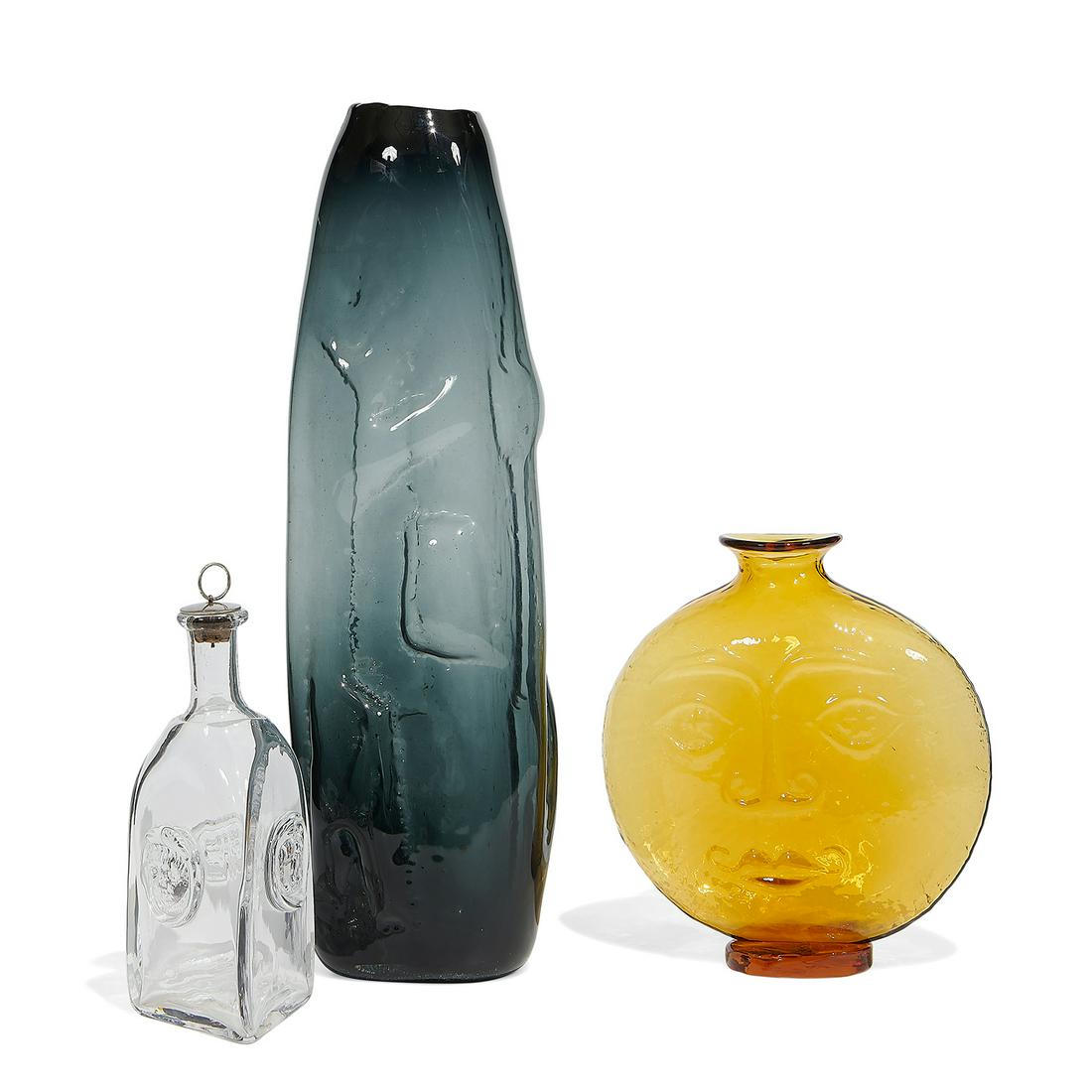 Shepherd, Husted & Höglund, three glass items: Don Shepherd (1927-2002) & Wayne Husted (b. 1927) for Blenko large vase and Sun Face vase Milton, West Virginia, 1960s glass smaller vase retains sticker to base together with a clear decanter by Erik