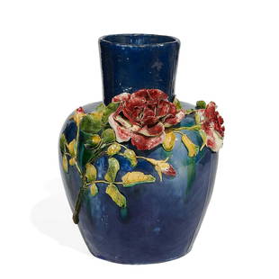 Thomas Wheatley, Wheatley Pottery Co. large vase: Thomas J. Wheatley (1853-1917) for Wheatley Pottery Co. large earthenware Cincinnati Limoges style vase with three-dimensional red roses, shape number 60 Cincinnati, Ohio, 1880 high glazed ceramic inc