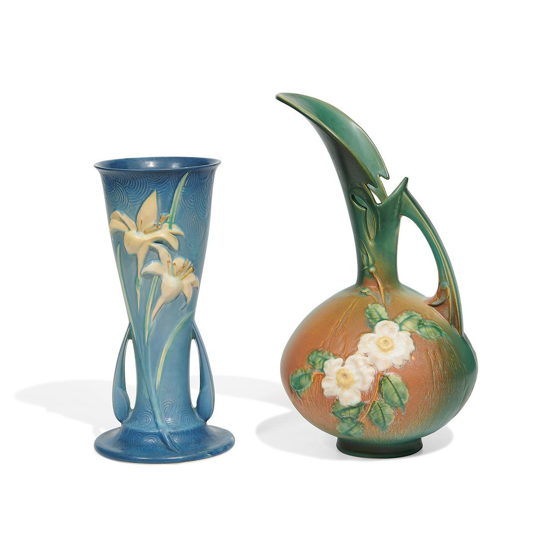 Roseville White Rose pitcher and Zephyr Lily vase (1 of 4)
