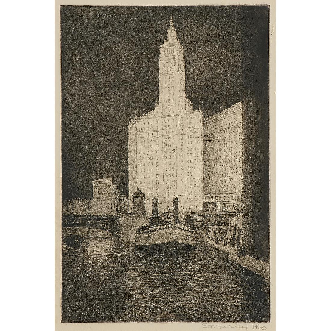 E.T. Hurley, A.N.A., Chicago River View, 1934, aquatint: E.T. Hurley, A.N.A. (American, 1869-1950) View of the Wrigley Building and the Chicago River, 1934 aquatint signed in pencil lower margin by Hurley's daughter signed and dated in plate lower left 11 1