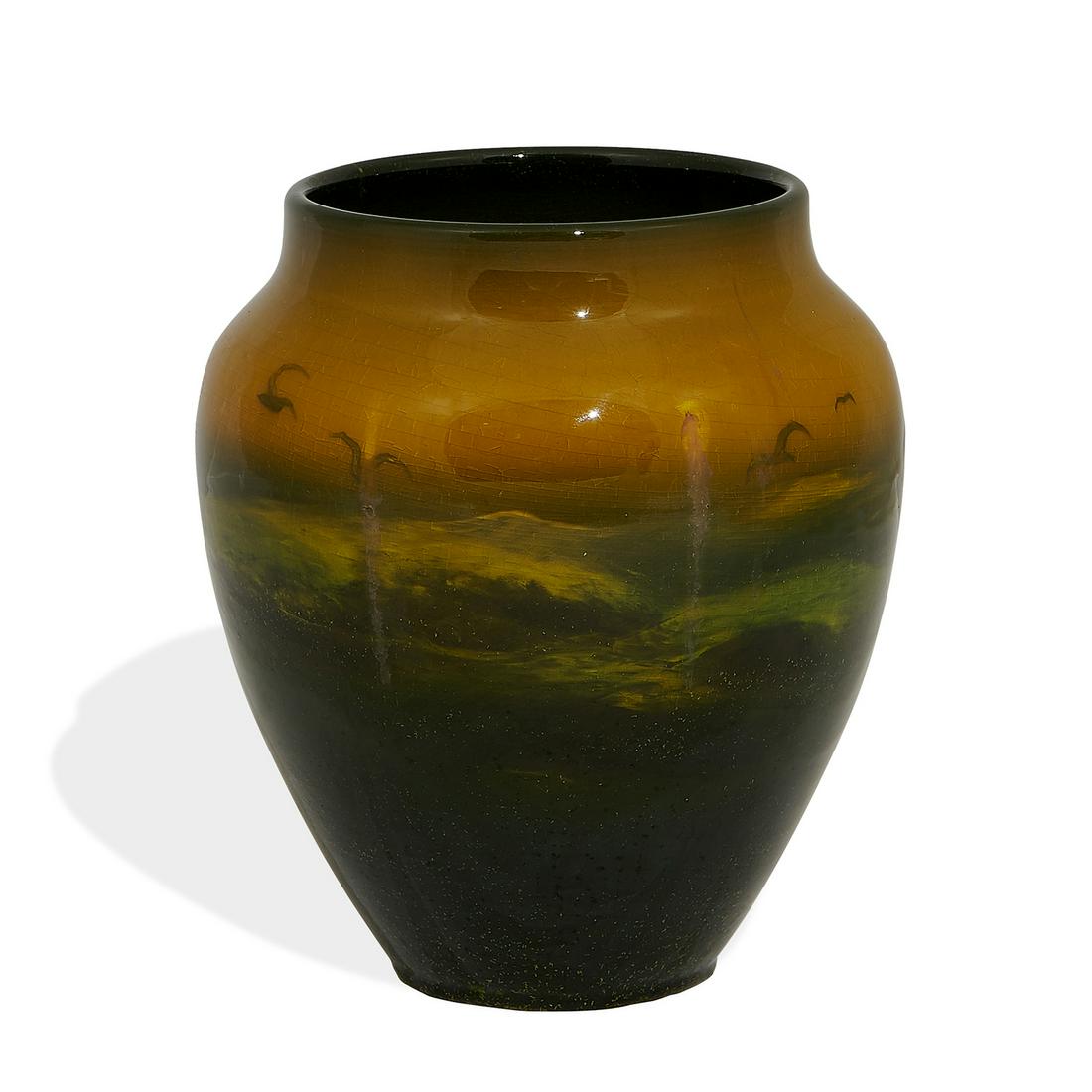 E.T. Hurley, Rookwood Standard Glaze scenic vase: E.T. Hurley (1869-1950) for Rookwood Pottery earthenware Standard Glaze vase with a scenic landscape depicting seagulls flying over waves, shape number 1342 Cincinnati, Ohio, 1908 high glazed ceramic