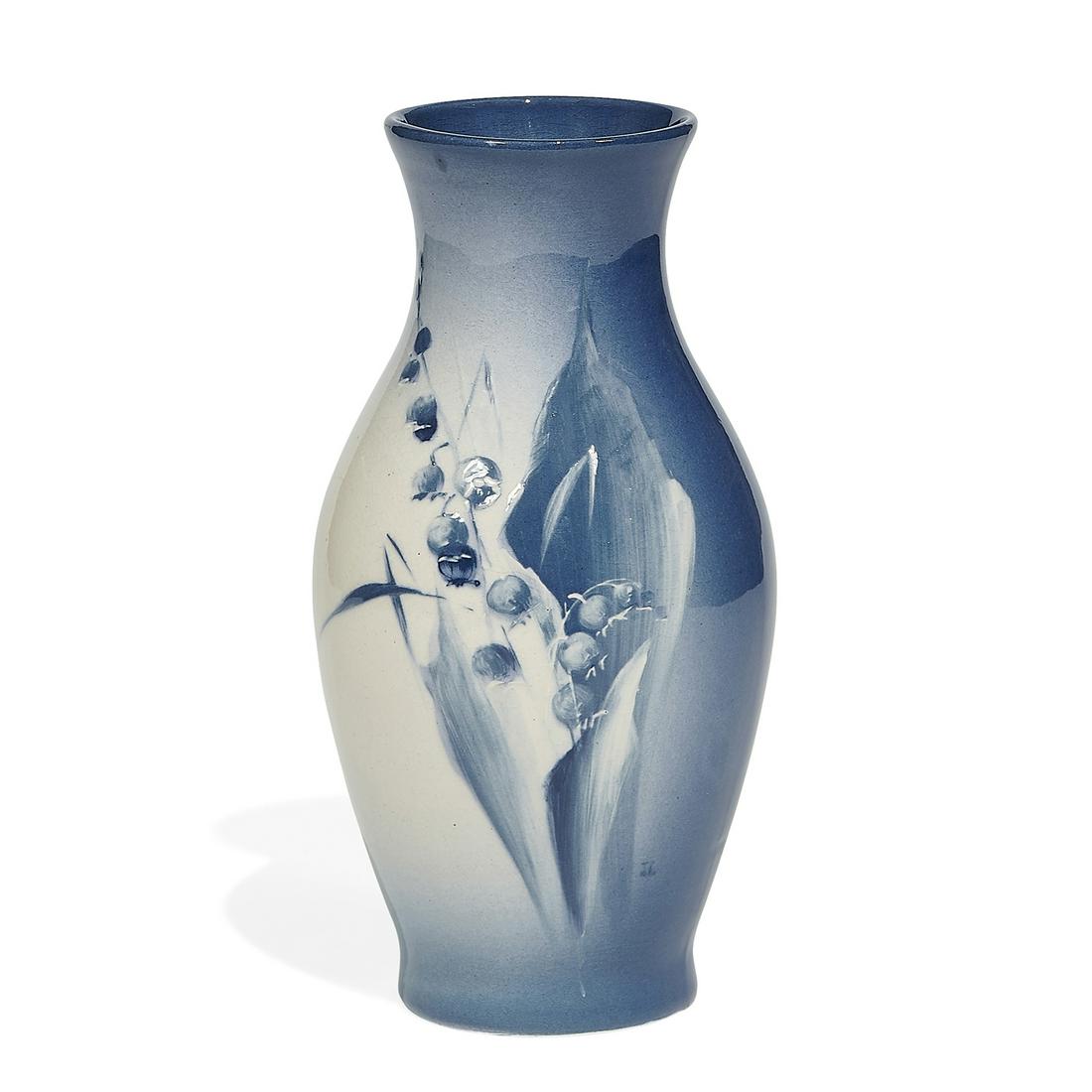 Josephine Imlay, Roseville Pottery Azurine vase: Josephine Imlay (early 20th century) for Roseville Pottery Co. rare earthenware Azurine vase with lily-of-the-valley decoration Zanesville, Ohio, circa 1905 high glazed ceramic impressed factory marks