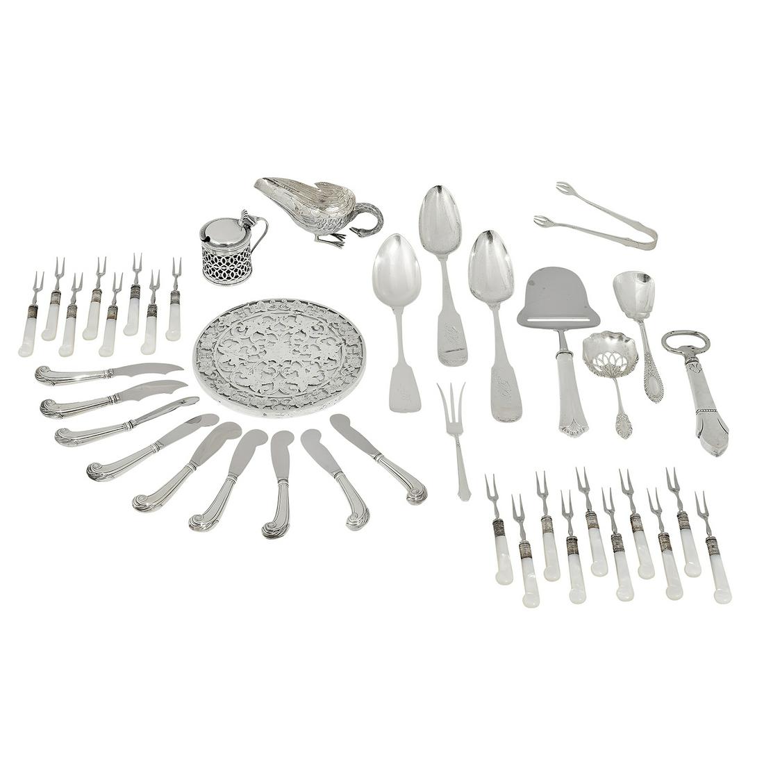 Various Makers flatware and table articles: Various Makers flatware and table articles: 1) William Hutton & Sons Ltd., London, England, 1906, silver and cobalt glass mustard pot 2) Tané, Mexico, silver preening swan sauce boat 3) Gorham, P