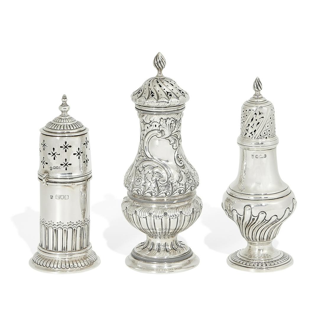 Various Makers Victorian sugar casters, three: Various Makers Victorian sugar casters, three 1) Harrison Brothers & Howson (George Harrison), Sheffield, England, 1901, silver, stamped hallmarks 2) John & William Deakin, Sheffield, England, 1899, s