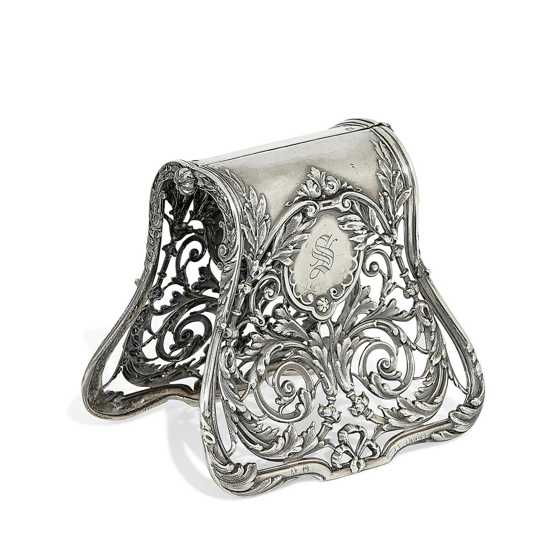 Alphonse Debain asparagus server: Alphonse Debain (active 1883-1911) asparagus server with Art Nouveau foliate decoration Paris, France silver stamped hallmarks and cast marks engraved gothic S monogram 3 3/8"w x 4"d x 3 1/4"h