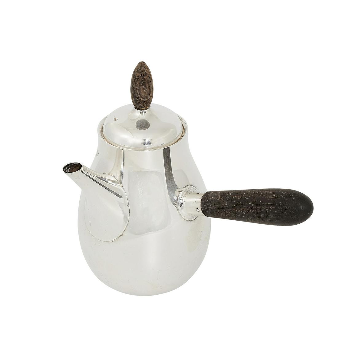 Allan Adler coffee pot with side handle: Allan Adler (1916-2002) coffee pot with side handle Los Angeles, California sterling silver, ebony stamped marks 8 1/2"w x 5 1/2"d x 7 3/4"h