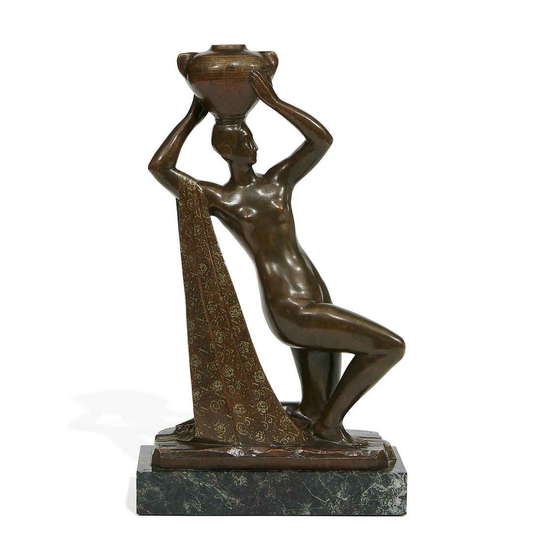 Raoul Eugene Lamourdedieu, Sculpture of a Woman: Raoul Eugene Lamourdedieu (French, 1877-1963) Sculpture of a Nude Woman with Draped Fabric Holding a Vessel Above Her Head bronze with polychrome, marble (base) cast signature and La Stele Foundry mar