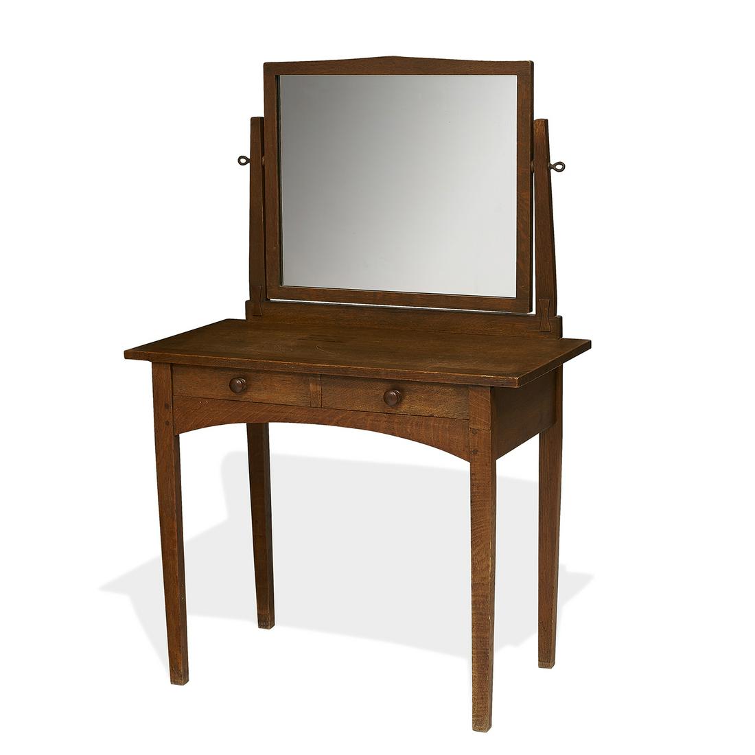 Gustav Stickley dressing table, #914: Gustav Stickley (1858-1942) dressing table, #914 Eastwood, New York oak, silvered glass marked with large red decal 36"w x 18"d x 54 1/2"h