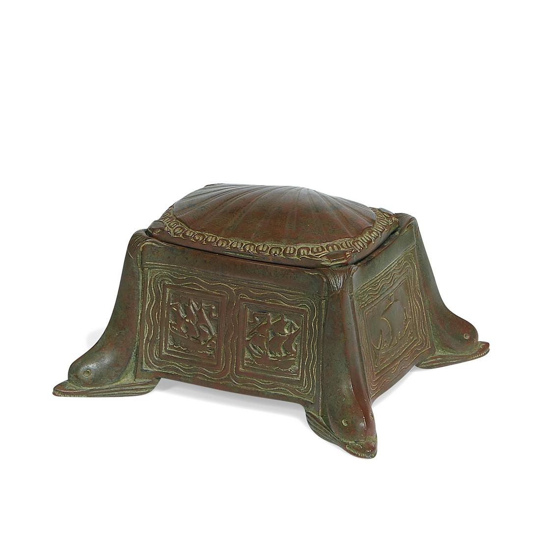 Tiffany Studios Nautical inkwell, #1842: Tiffany Studios Nautical inkwell, #1842 New York, New York bronze, glass stamped marks 5 1/8"w x 4 1/8"d x 2 7/8"h