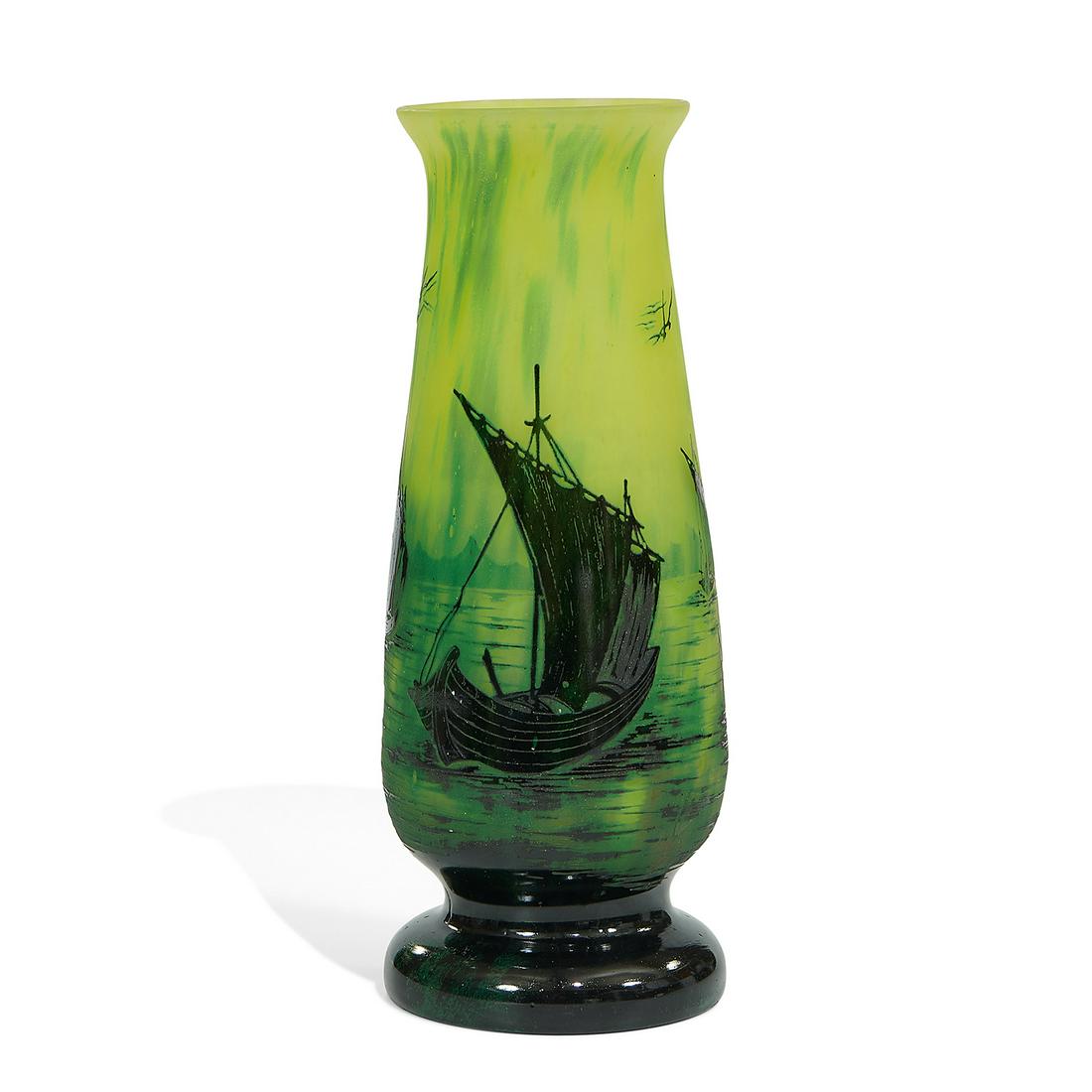 Daum vase with sailboats: Daum vase with sailboats Nancy, France cameo glass signed in cameo 5 1/2"dia x 13 1/4"h