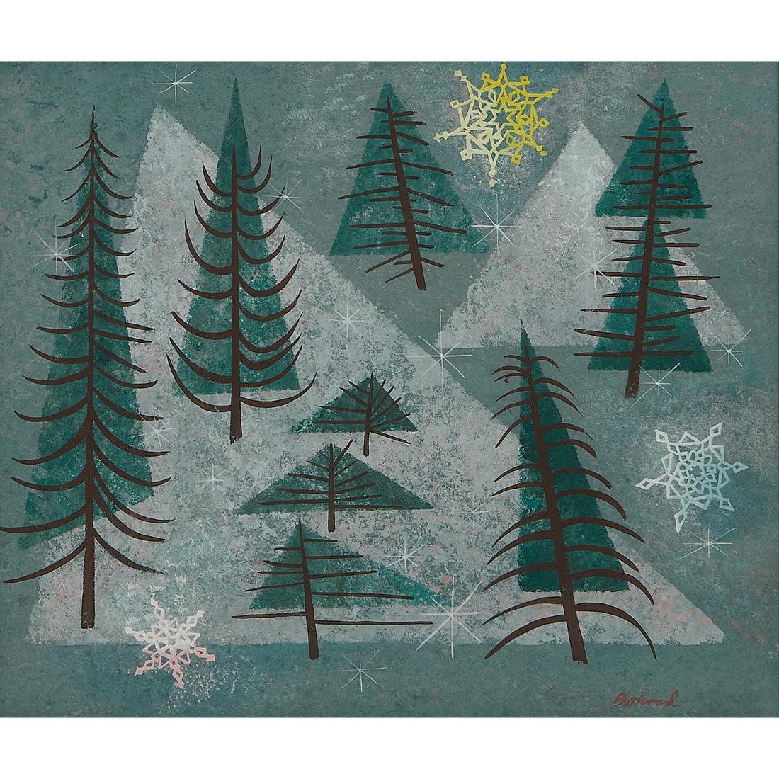 Aaron Bohrod, Trees, Snowflakes, Mountains: Aaron Bohrod (American, 1907-1992) Trees, #2510 gouache on board signed lower right 8 15/16" x 10 3/8"