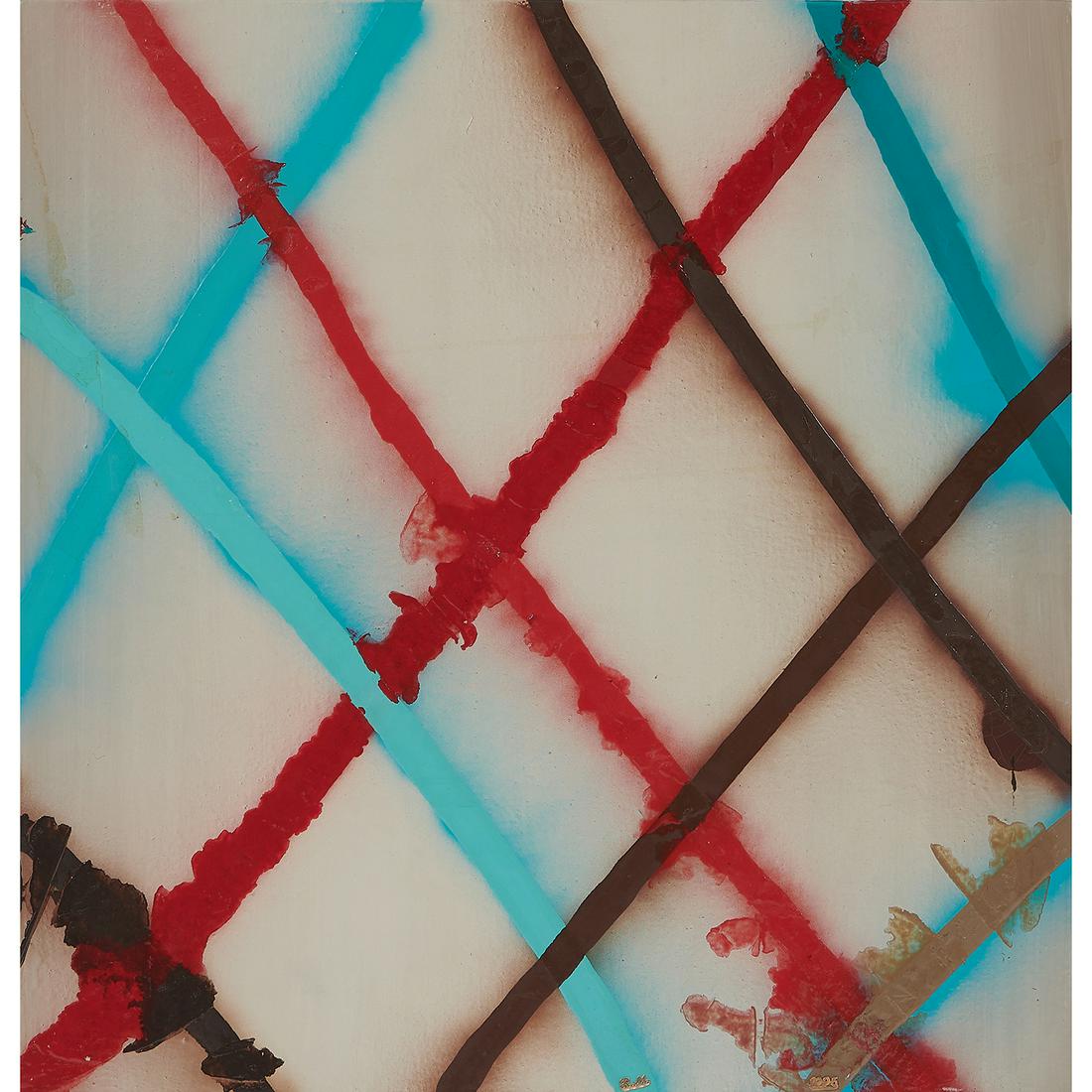 Rebecca Morris, Mastermind Plan, 1996: Rebecca Morris (American, b. 1969) Mastermind Plan, 1996 oil and enamel on canvas signed and dated with attached charms lower edge and verso on stretcher 25"h x 24"w x 3"d