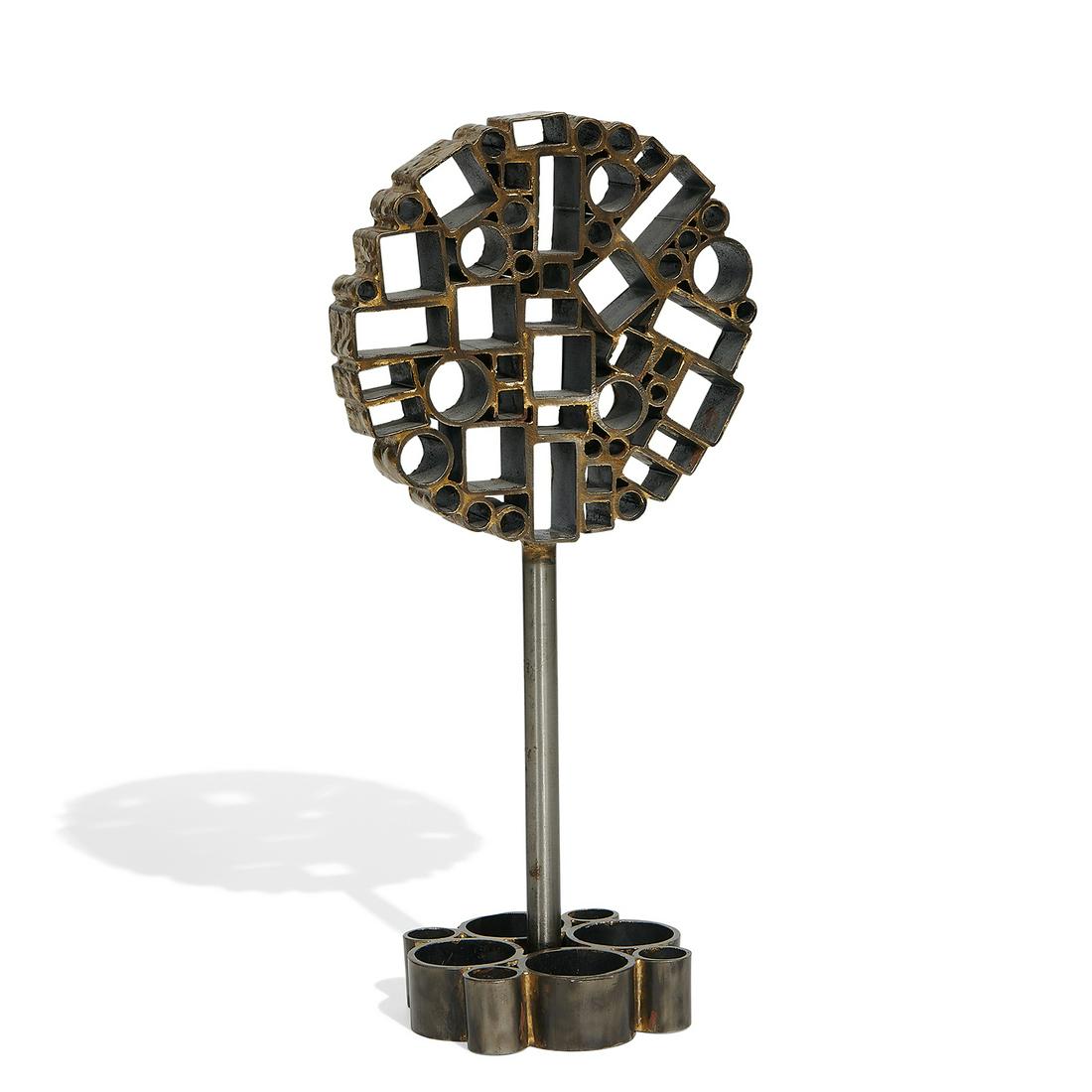Joseph A. Burlini, Circular Tree, 1967: Joseph A. Burlini (American, b. 1937) Circular Tree, 1967 steel with brass signed and dated at base 13 1/8"h x 6 1/8"w x 4"d
