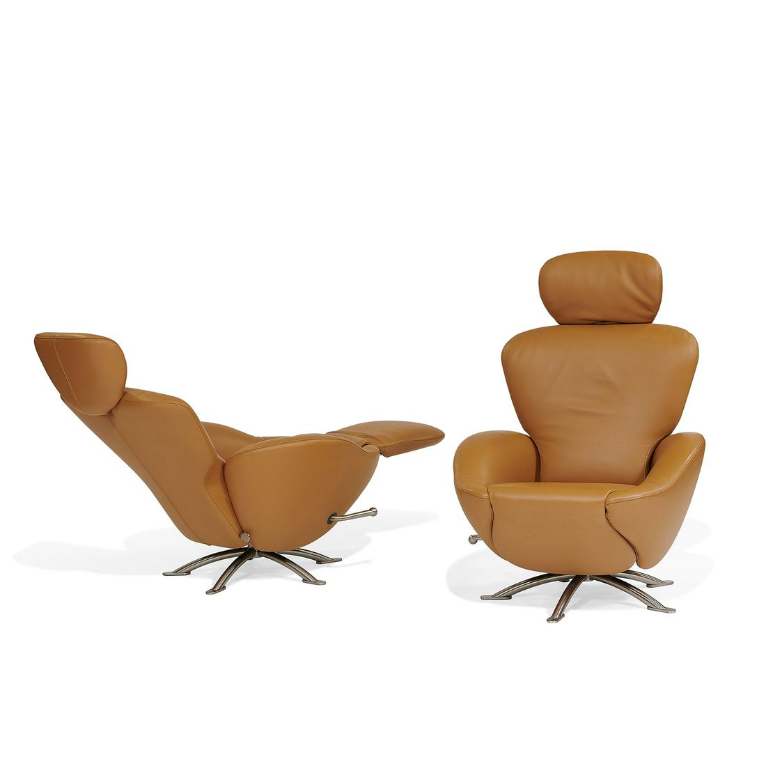 Toshiyuki Kita Cassina Dodo lounge chairs: Toshiyuki Kita (b. 1942) for Cassina Dodo lounge chairs, pair, model K10 Italy, circa 2000 steel, leather fabric label to underside of each 'Cassina Made in Italy' Chairs swivel, recline and feature a