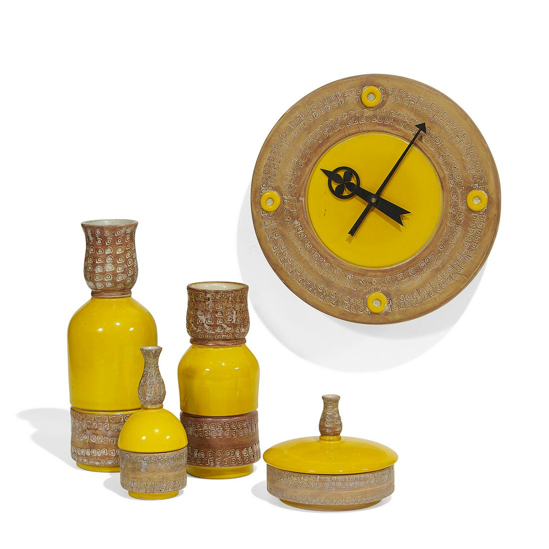 Alvino Bagni Bitossi Raymor Howard Miller: Alvino Bagni (1919-2000) for Bitossi, distributed by Raymor & Howard Miller Clock Co. Meridian wall clock, vases and lidded vessels, collection of five Italy / Zeeland, Michigan, 1960s glazed ceramic,