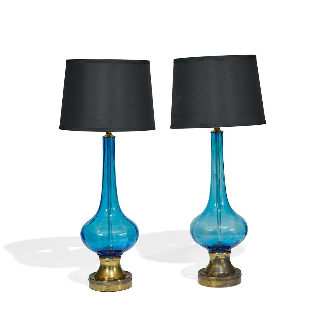 Murano table lamps: Murano table lamps, pair Murano, Italy, circa 1960 blue blown glass with bubbles, brass unmarked shades and harps not included 8 3/4"dia x 27 1/4"h