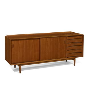 Arne Vodder Sibast credenza: Arne Vodder (1926-2009) for Sibast Furniture credenza Holte, Denmark, circa 1960 teak, black lacquered wood Sibast Furniture and Danish Control tags to interior Cabinet features six drawers and two re