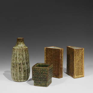 Erik Ploen vases: Erik Ploen (1925-2004) vases, two, together with two trapezoidal vases Norway, circa 1950s glazed ceramic faint signature to tallest and handwritten sticker 'EP20 Ploen" to square vase tallest: 5 3/8"