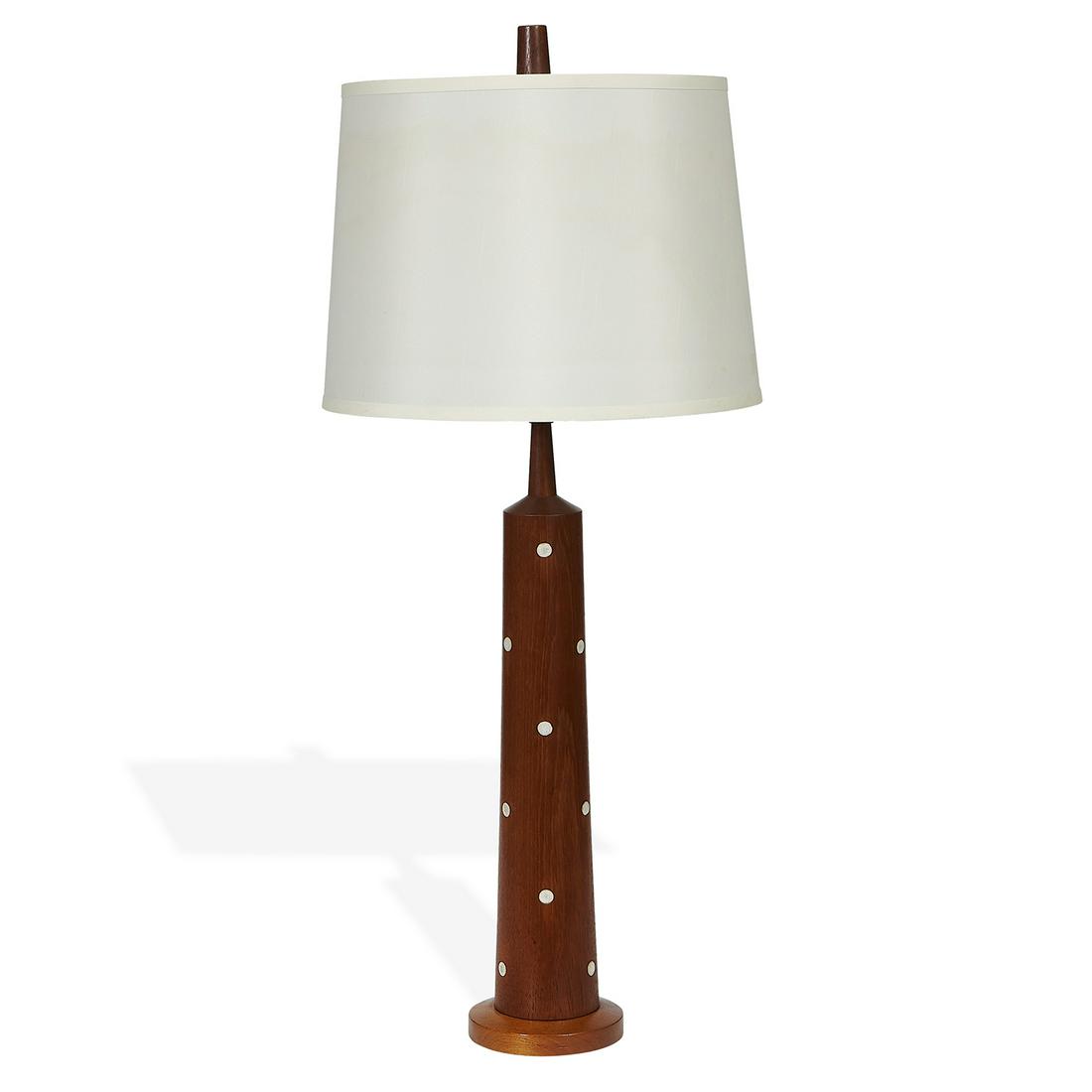Jane & Gordon Martz Marshall Studios lamp: Gordon Martz (1924-2015) & Jane Marshall Martz (1929-2007) for Marshall Studios table lamp Veedersburg, Indiana, circa 1960 walnut, glazed ceramic unmarked shade not included 6 1/4"w x 5 1/4"d x 37 1/