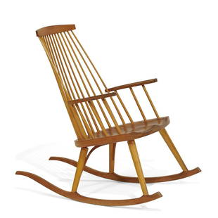 Thos. Moser Cabinetmakers rocking chair: Thos. Moser Cabinetmakers New Gloucester rocking chair Auburn, Maine, 1989 cherry, ash marked 'Thos. Moser Cabinetmakers, Auburn, Maine, 1990, Brenda Bowie' 22"w x 36"d x 38 1/2"h