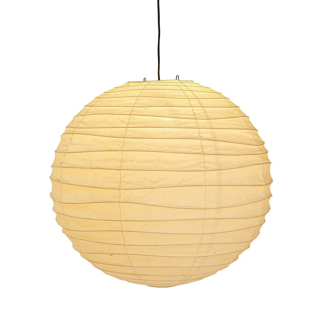 Isamu Noguchi Akari pendant lamp: Isamu Noguchi (1904-1988) for Ozeki & Co. Akari pendant lamp, model 75D Gifu, Japan, circa 1975 washi paper, bamboo, enameled steel red 'Akari' mark to shade and 'Japan, I. Noguchi' 28"dia x 28"h