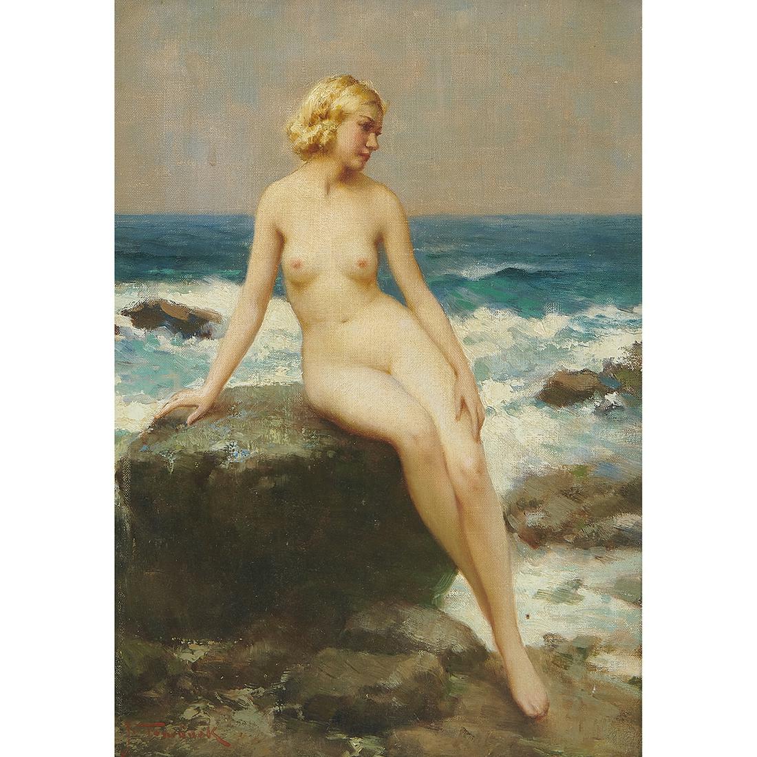 Joseph Tomanek, Nude on a Rock: Joseph Tomanek (Czech/American, 1899-1974) Nude on a Rock oil on canvas signed lower left titled on artist's label verso 13 5/8" x 9 5/8"