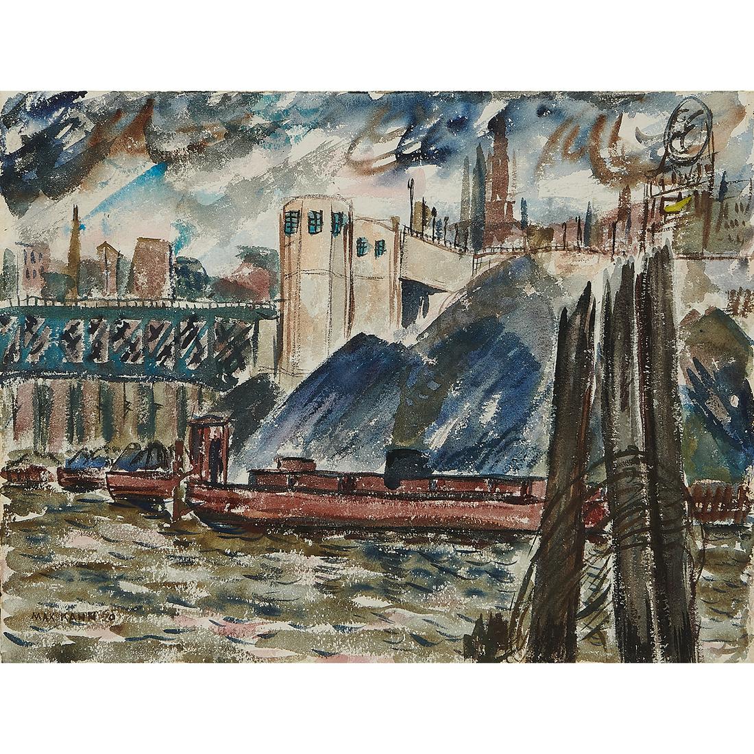 Max Kahn, Chicago River, 1940: Max Kahn (Russian/American, 1902-2005) Chicago River, 1940 watercolor on paper signed and dated lower left 15 5/8" x 22 1/2" Provenance: Corbett vs. Dempsey, Chicago, Illinois (label verso)