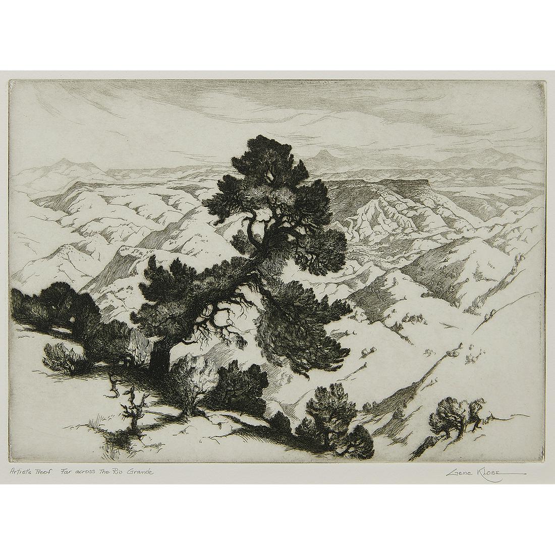 Gene Kloss, Far Across the Rio Grande, 1939: Gene Kloss (American, 1903-1996) Far Across the Rio Grande, 1939 etching signed, titled and numbered in pencil lower margin Artist's Proof 9 7/8" x 13 15/16" Catalog Note: Gene Kloss created this view