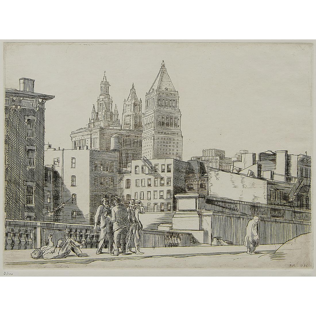 Reginald Marsh, A Morning in May, 1936: Reginald Marsh (American, 1898-1954) A Morning in May, 1936 engraving initialed and dated in plate lower right numbered in pencil lower left margin Whitney Museum edition of 100 (printed 1969) WM embo