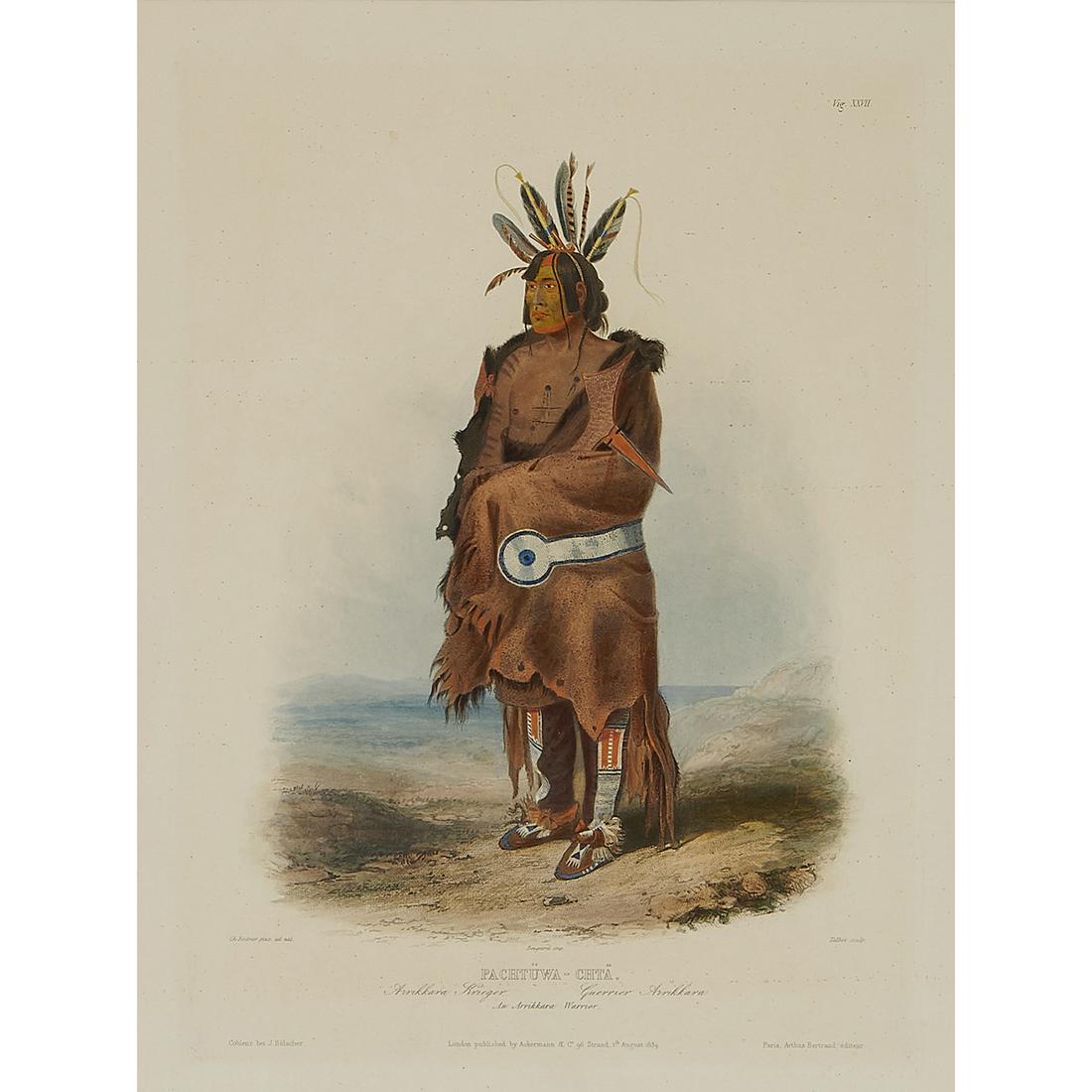 Karl Bodmer, Pachtuwa-Chta, 1839: Karl Bodmer (Swiss, 1809-1893) Pachtuwa-Chta (An Arrikkara Warrior), 1839 hand-colored engraving unsigned 13 1/4" x 10 1/16"