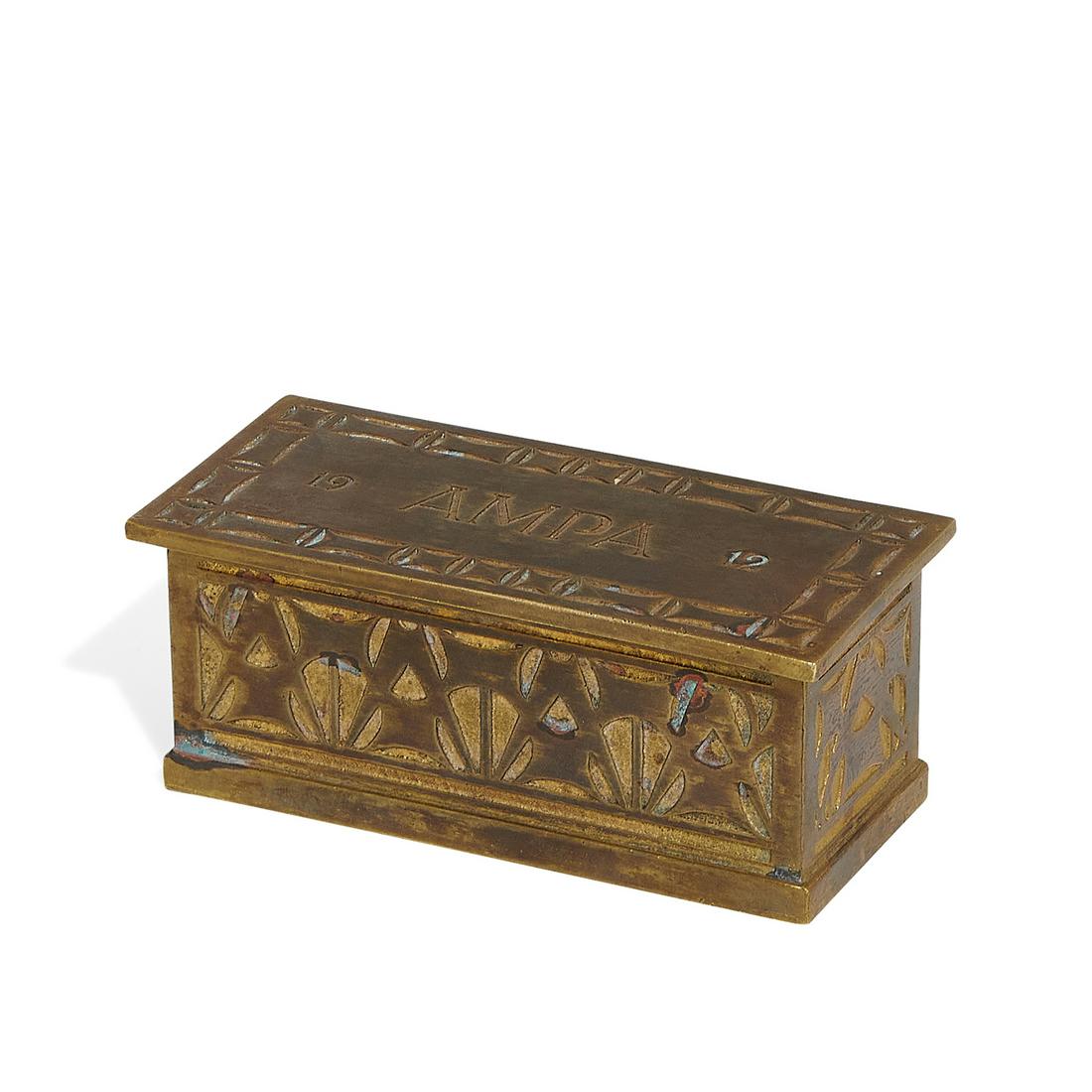 Robert R. Jarvie / George G. Elmslie stamp box: Robert Riddle Jarvie (1865-1941), designed by George Grant Elmslie (1869-1952) American Meat Packers Association stamp box Chicago, Illinois, 1912 brass stamped signature 4 1/4"w x 2"d x 2"h