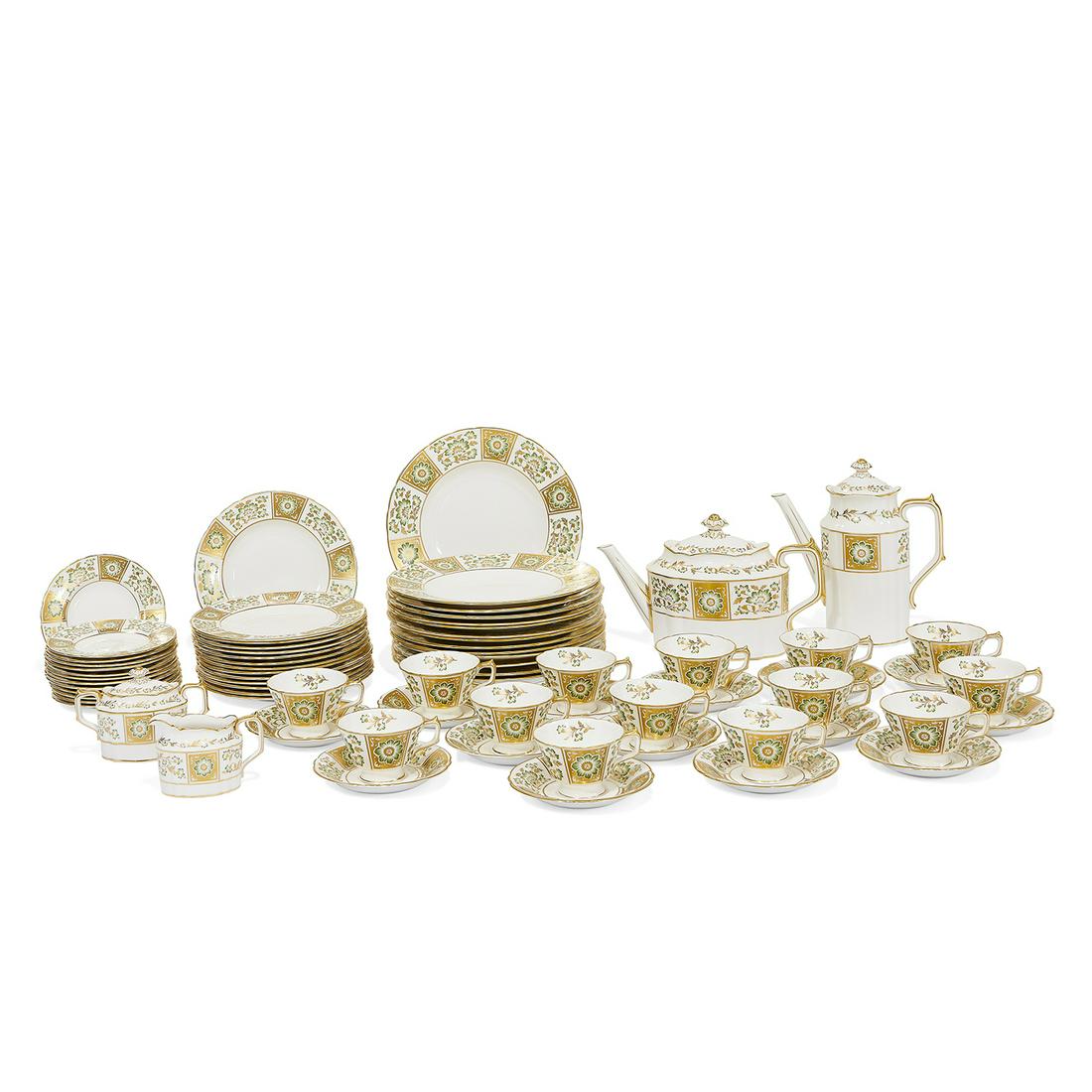 Royal Crown Derby dinner service for 12: Royal Crown Derby Green Derby Panel dinner service for 12, with additional place and serving articles England bone china each marked 73 items, comprising: (14) dinner plates, (14) salad plates, (13) b