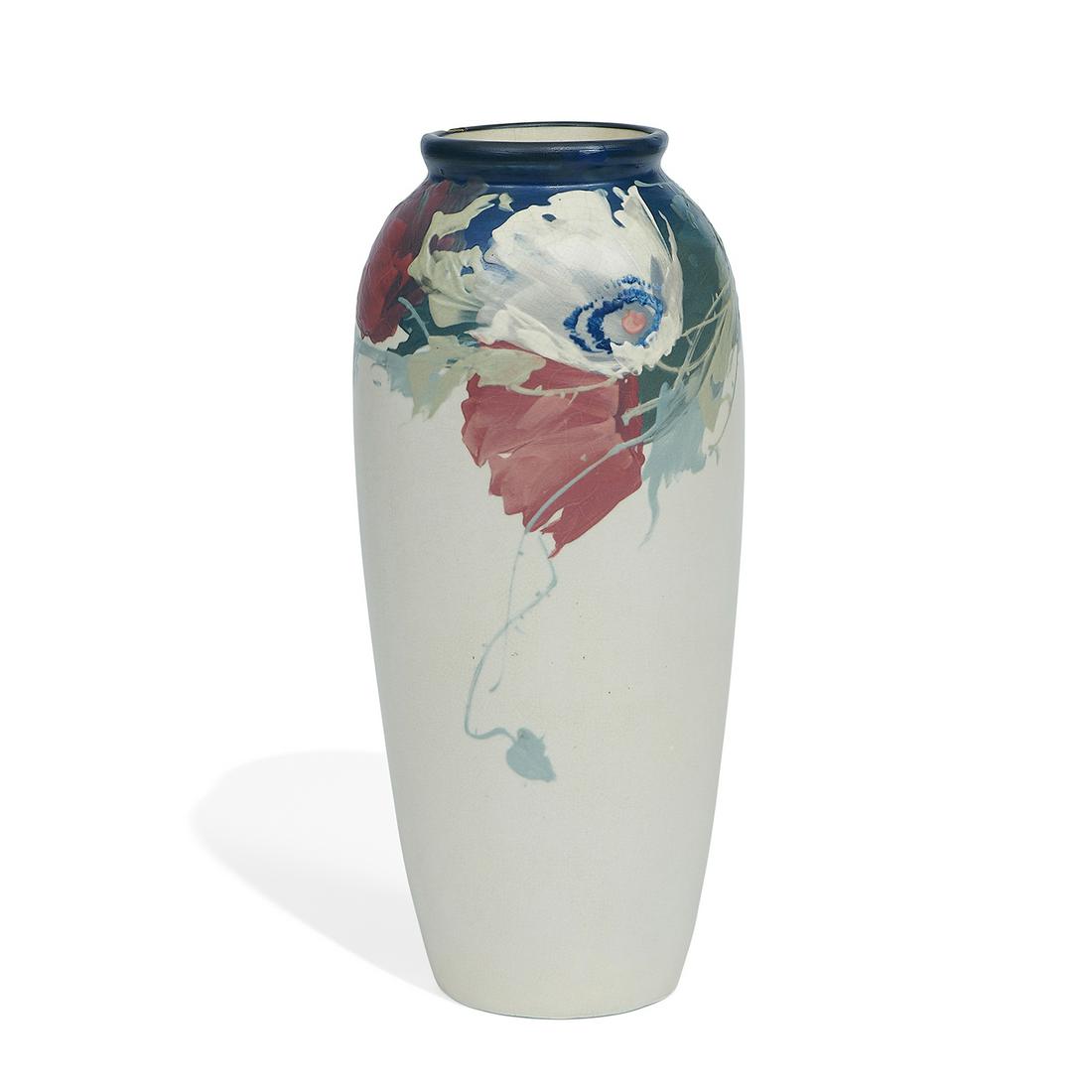 Weller Pottery Co. White and Decorated vase: Weller Pottery Co. White and Decorated earthenware vase with bold poppy decoration Zanesville, Ohio, circa 1920 matte glazed ceramic impressed factory marks 4 7/8"dia x 11 1/8"h Provenance: The Estate