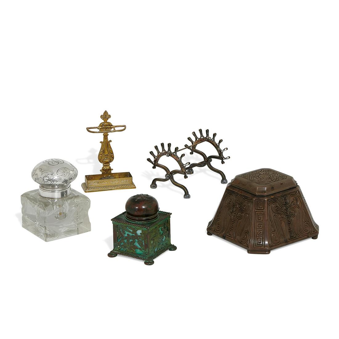 Tiffany Studios Chinese inkwell, #1752: Tiffany StudiosChinese inkwell, #1752New York, New Yorkcopper, glass (insert)stamped markstogether with Apollo Studios inkwell, an associated cut glass and sterling silver inkwell, pen rack in the for