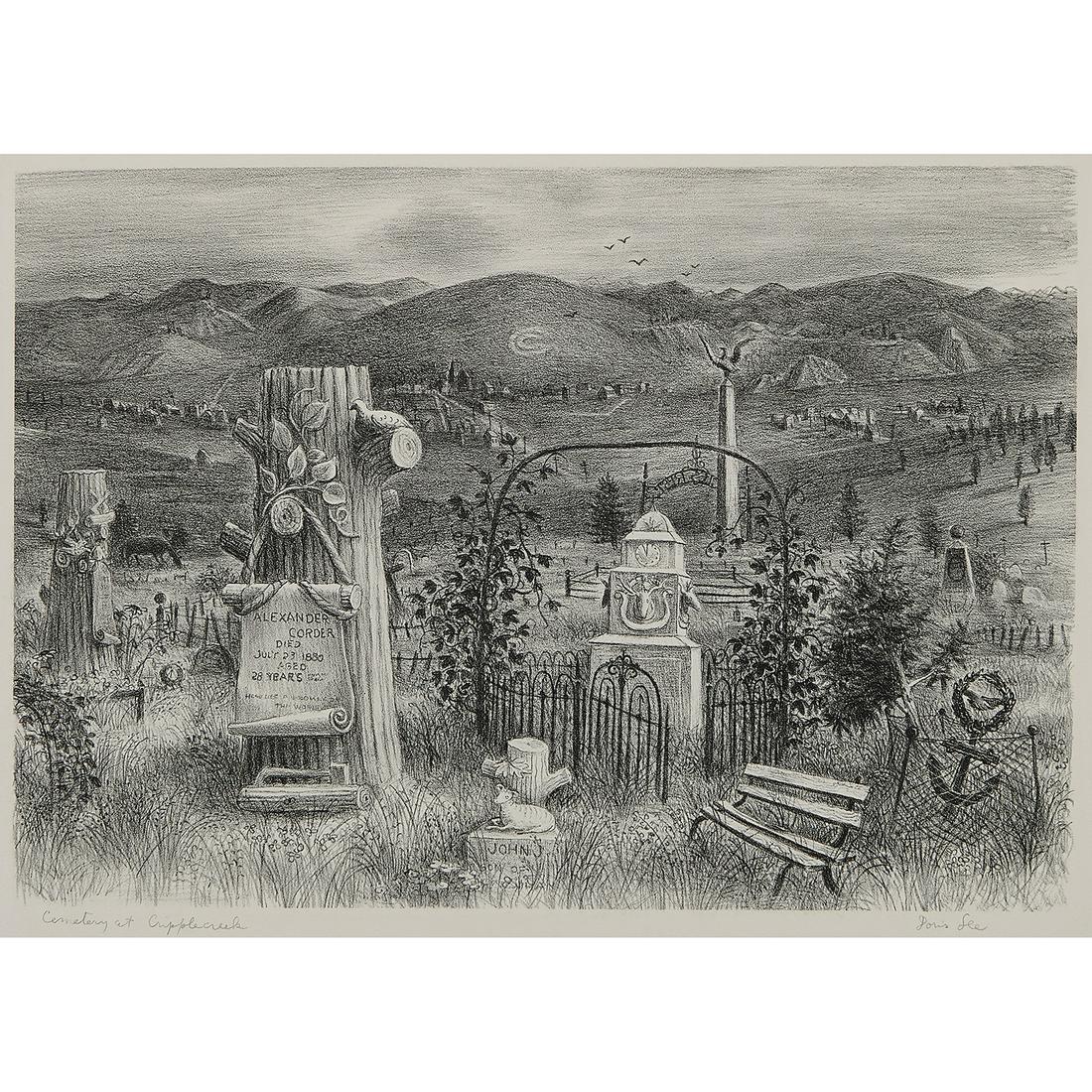 Doris Emrick Lee, Cemetery at Cripple Creek, 1945: Doris Emrick Lee (American, 1905-1983) Cemetery at Cripple Creek, 1945 lithograph signed and titled in pencil lower margin BFK blindstamp upper left edge 9 7/8" x 14 1/8"