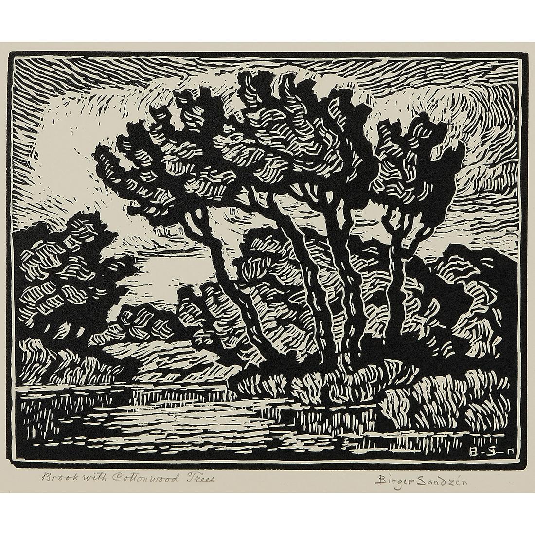Sven Birger Sandzén, Brook with Cottonwood Trees: Sven Birger Sandzén (American, 1871-1954) Brook with Cottonwood Trees, 1934 woodcut signed and titled in pencil lower margin initialed in block lower right edition of 100 7 3/16" x 8 7/8"