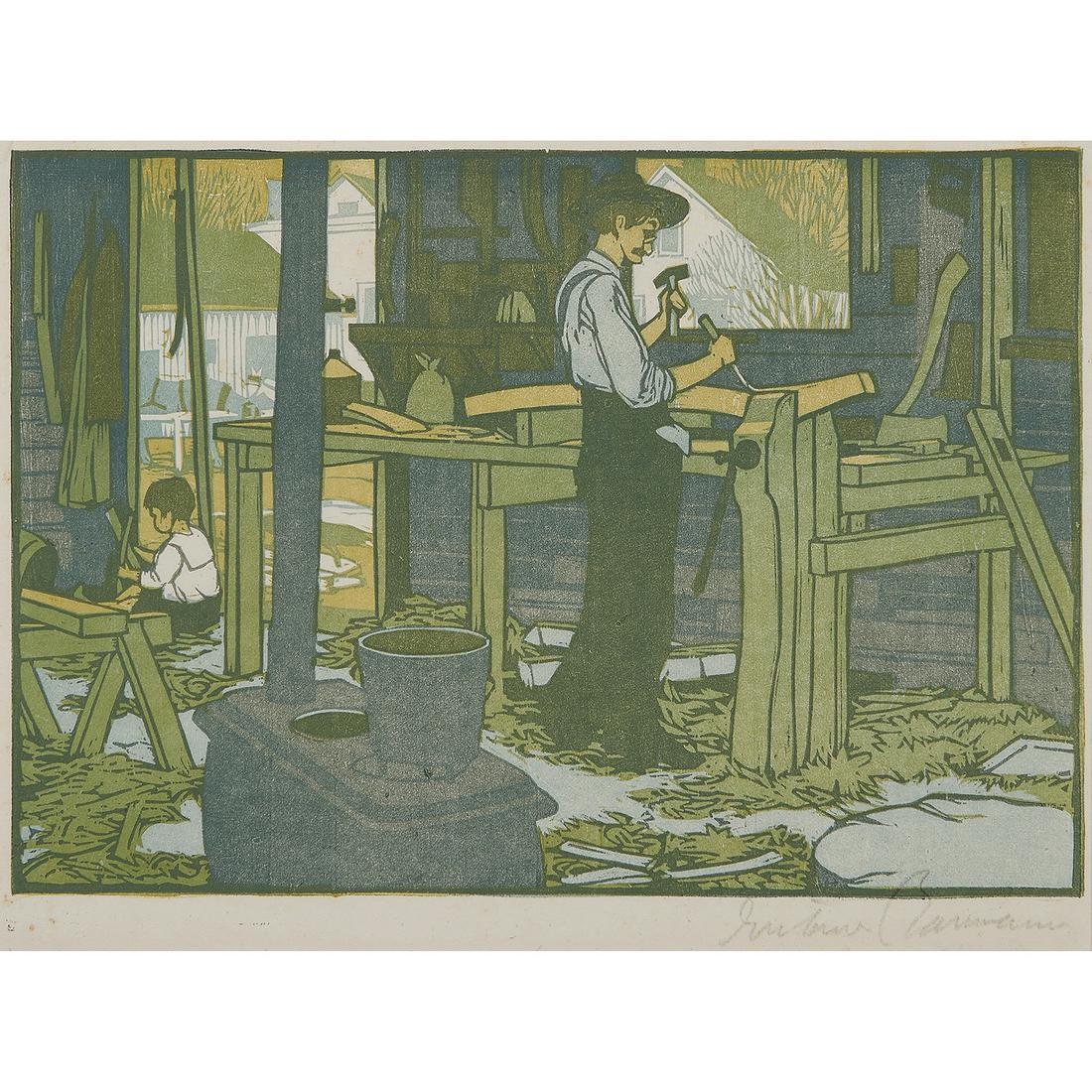 Gustave Baumann, The Wagon Shop, 1910: Gustave Baumann (American, 1881-1971) The Wagon Shop, 1910 color woodcut signed in pencil lower right margin 9 1/8" x 13 1/4"Literature: Chamberlain, Gala, In a Modern Rendering: The Color Woodcuts of