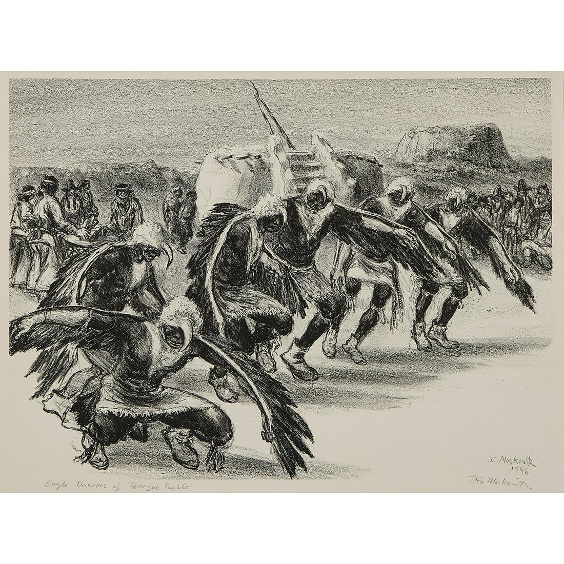 Ira Moskowitz, Eagle Dancers, 1946: Ira Moskowitz (Polish/American, 1912-2001) Eagle Dancers of Tesuque Pueblo, 1946 lithograph signed and titled in pencil lower margin signed and dated in stone lower right edition of 30 11 1/2" x 15 5/