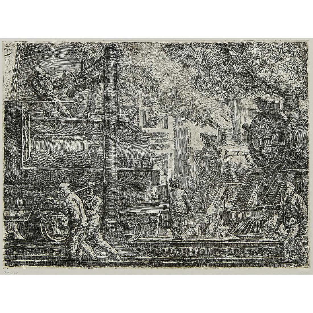 Reginald Marsh, Erie R.R. Locomotives Watering: Reginald Marsh (American, 1898-1954) Erie R.R. Locomotives Watering, 1934 etching initialed and dated in plate numbered in pencil lower left margin Whitney Museum edition of 100 (printed 1969) WM embo