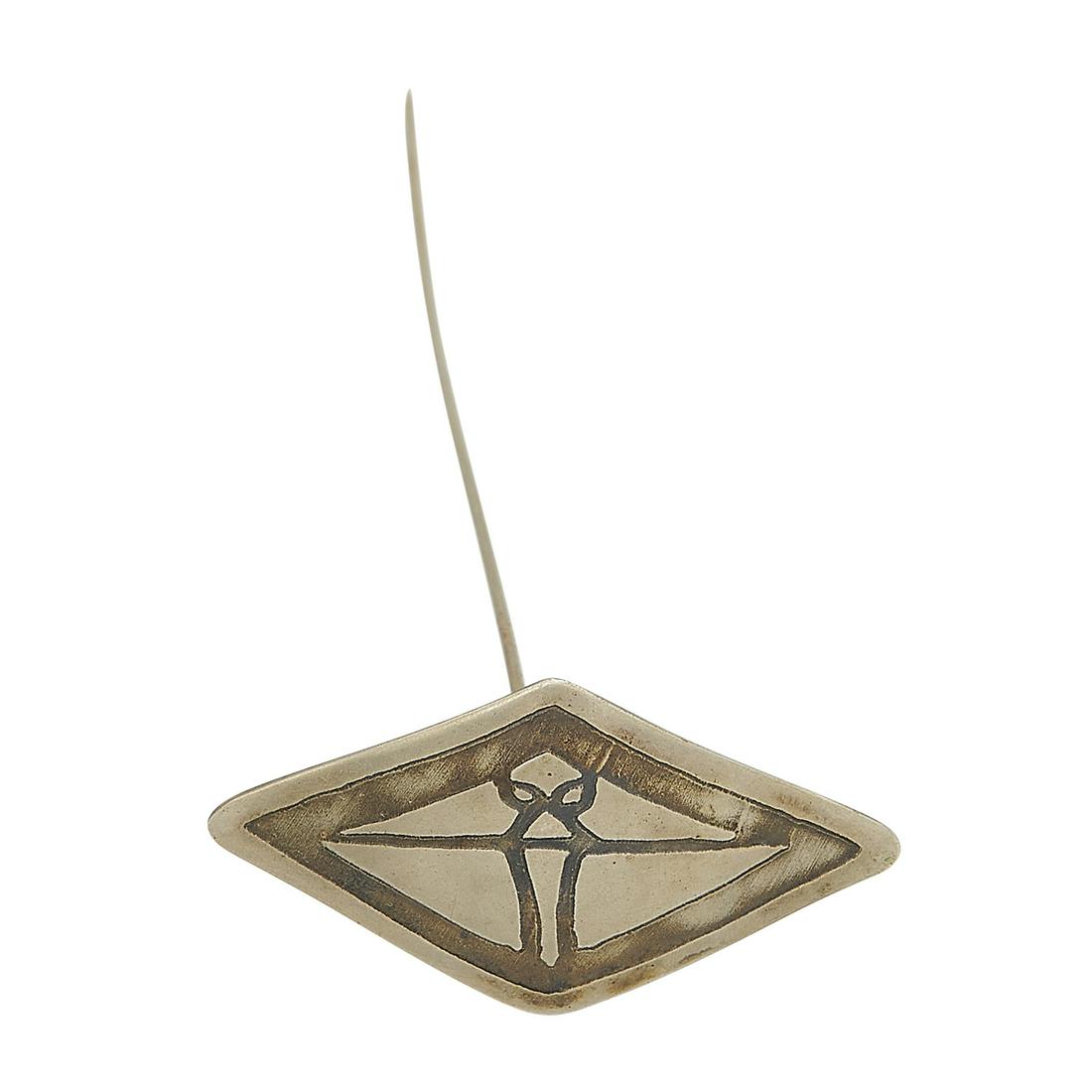 Carence Crafters hat pin with stylized dragonfly: Carence Crafters hat pin with stylized dragonfly Chicago, Illinois acid-etched pewter stamped mark 2 3/8"w x 8 1/16"l Provenance: The Ira Simon Collection, Chicago, Illinois