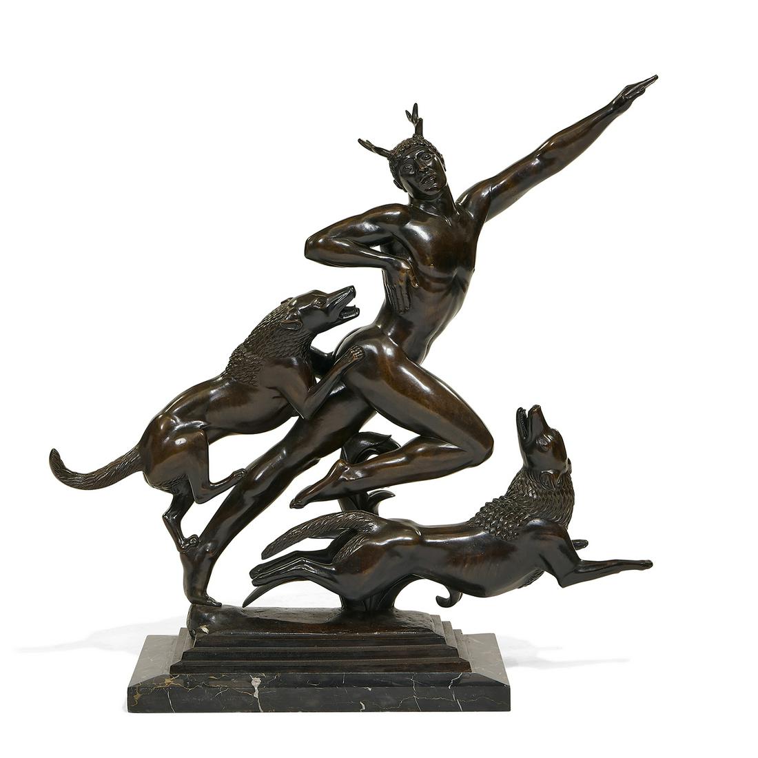 After Paul Howard Manship, Actaeon, bronze: After Paul Howard Manship Actaeon bronze, marble (base) cast signature 29"h x 30"w x 8"d Provenance: The Ira Simon Collection, Chicago, Illinois Catalog Note: This sculpture is based on one of a pair,
