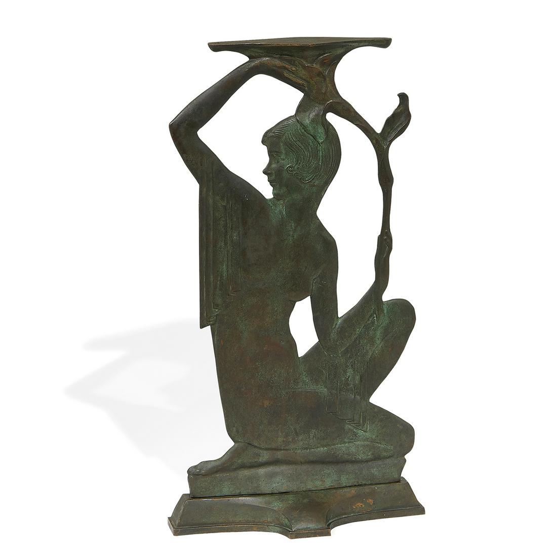 Emory P. Seidel, Art Deco Figural Sundial Stand: Emory P. Seidel (American, 1881-1954) Art Deco Figural Sundial Stand Depicting a Kneeling Woman Holding up a Floriform Pedestal bronze cast signature 18 3/4"h x 10"w x 4 5/8"d Provenance: The Ira Simo