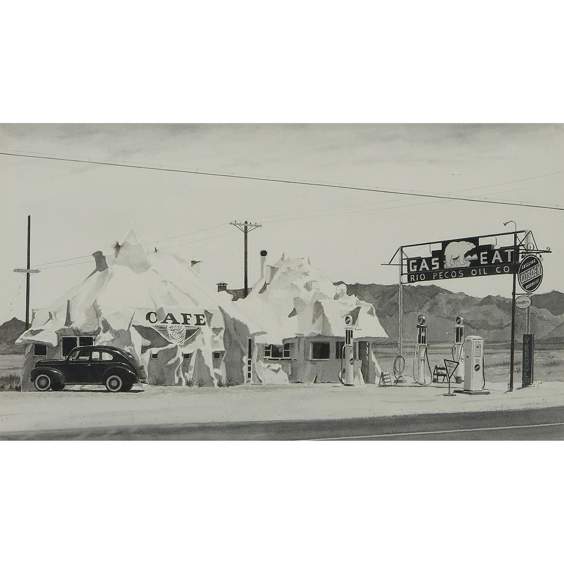 John Baeder, Rio Pecos, 1974: John Baeder (American, b. 1938) Rio Pecos, 1974 watercolor signed and dated lower right 8 7/8" x 15 3/4"