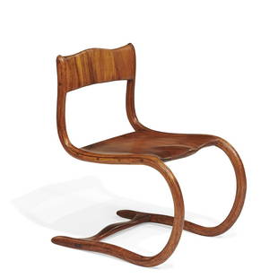 Steven Spiro / American Studio Craft chair: Steven Spiro (b. 1949) / American Studio Craft cantilevered chair USA, 1981 sculpted and bent-laminated wood signed 'Spiro 81' 19"w x 25"d x 29 3/4"h