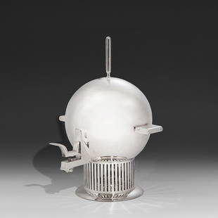 Eliel Saarinen tea urn: Eliel Saarinen (1873-1950) for International Silver Co., Wilcox Silver Plate Division tea urn Meriden, Connecticut, circa 1934 silverplate impressed marks to base 10 1/4"w x 11 3/4"d x 14"h Literature