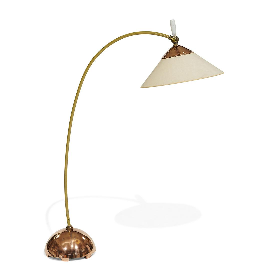 Russel Wright pivoting floor lamp: Russel Wright (1904-1976) for Fairmont Lamp Co. pivoting floor lamp USA, 1930s painted brass, brass, copper, Bakelite, fabric unmarked 16"w x 30"d x 51 1/2"h