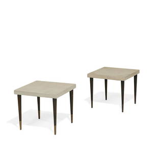 Paul Frankl Johnson Furniture side tables: Paul Frankl (1886-1958) for Johnson Furniture Co. side tables, pair Grand Rapids, Michigan, circa 1950 cork, mahogany, brass unmarked 18"sq x 16 1/4"h