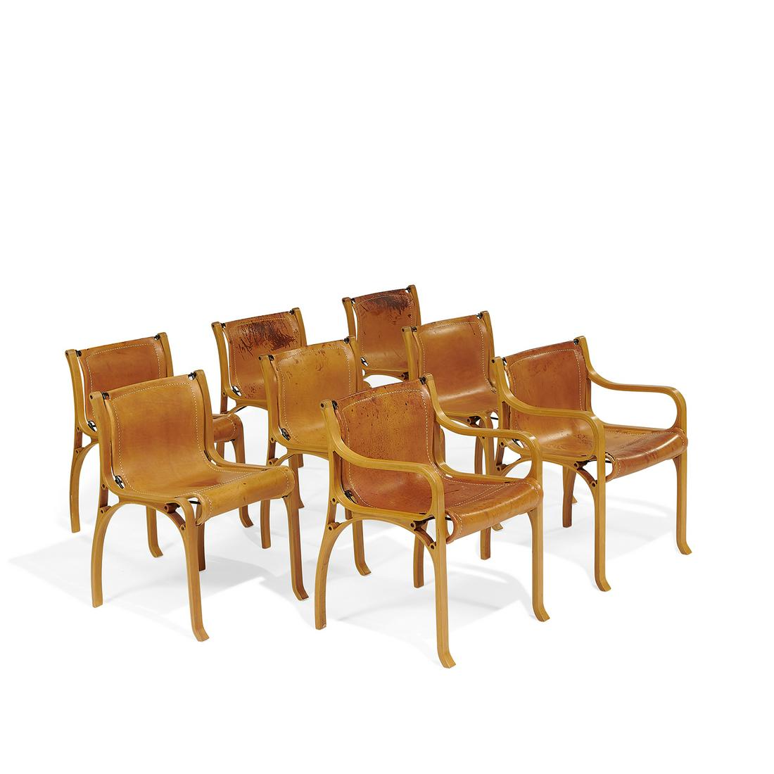 Cristián Valdés dining chairs, set of eight: Cristián Valdés (b. 1932) dining chairs, set of eight, model A Chile, designed 1977 / 1980s bent-laminated wood, enameled steel, vegetable-tanned leather impressed numbers to undersides Set 