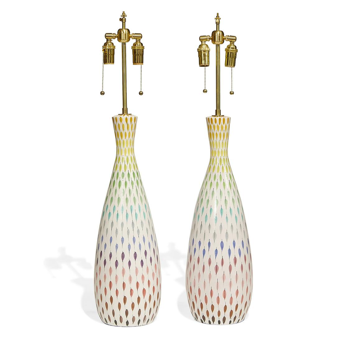 Aldo Londi Bitossi table lamps: Aldo Londi (1911-2003) for Bitossi, distributed by Raymor table lamps, pair Italy, 1960s glazed ceramic, brass underglaze marks to base shades not included 7 1/2"dia x 35 1/2"h